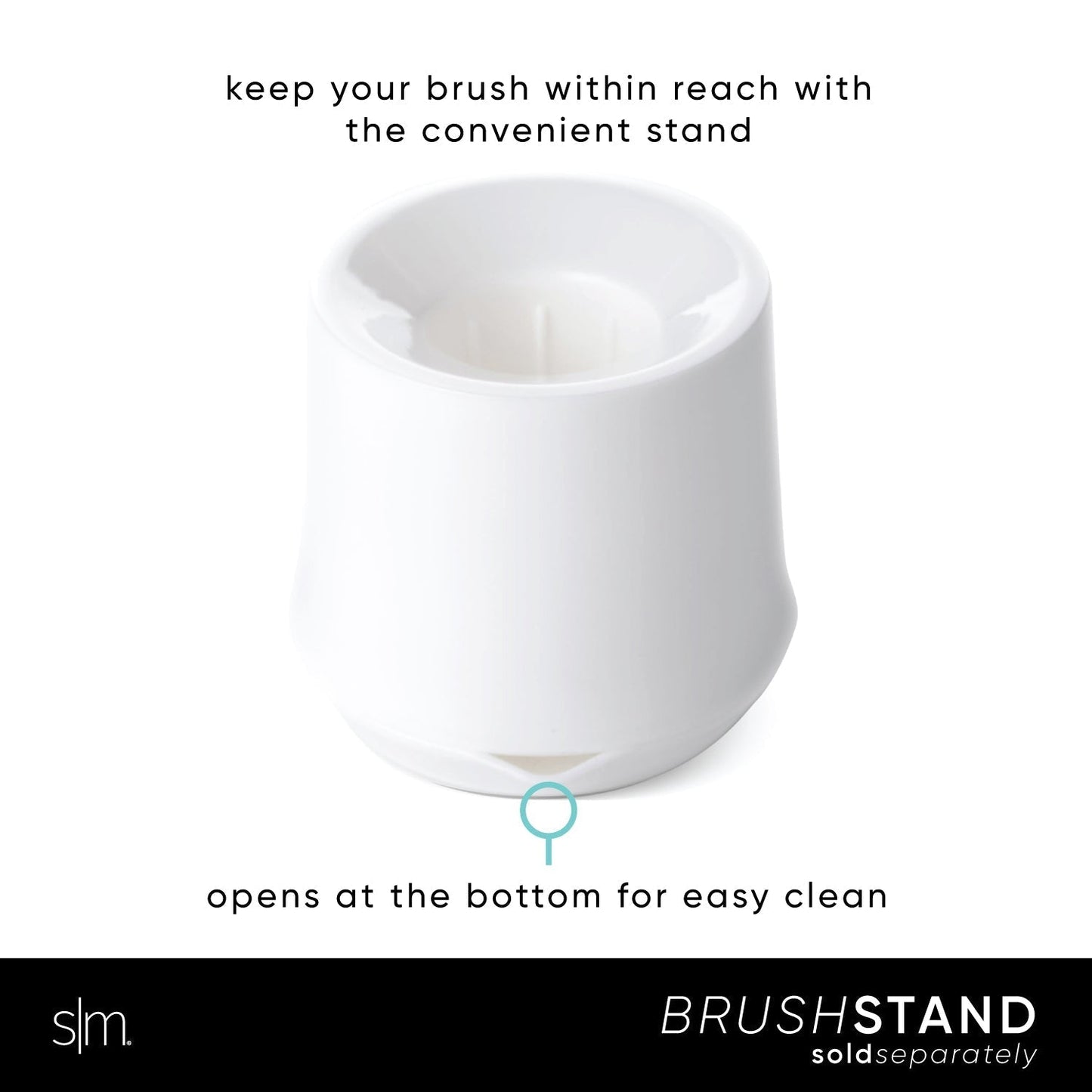 White cylindrical bottle brush stand with compartments, turquoise circular opening at bottom, on white background