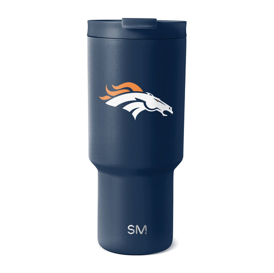 Deep navy blue tumbler with white and orange logo accents on the body