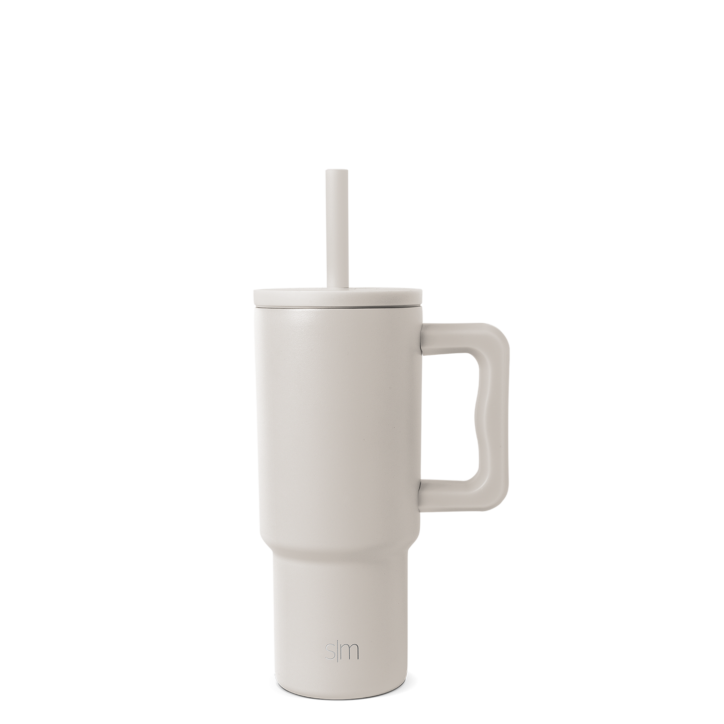 Cream-colored tumbler with handle and reusable straw, modern design with warm beige undertones