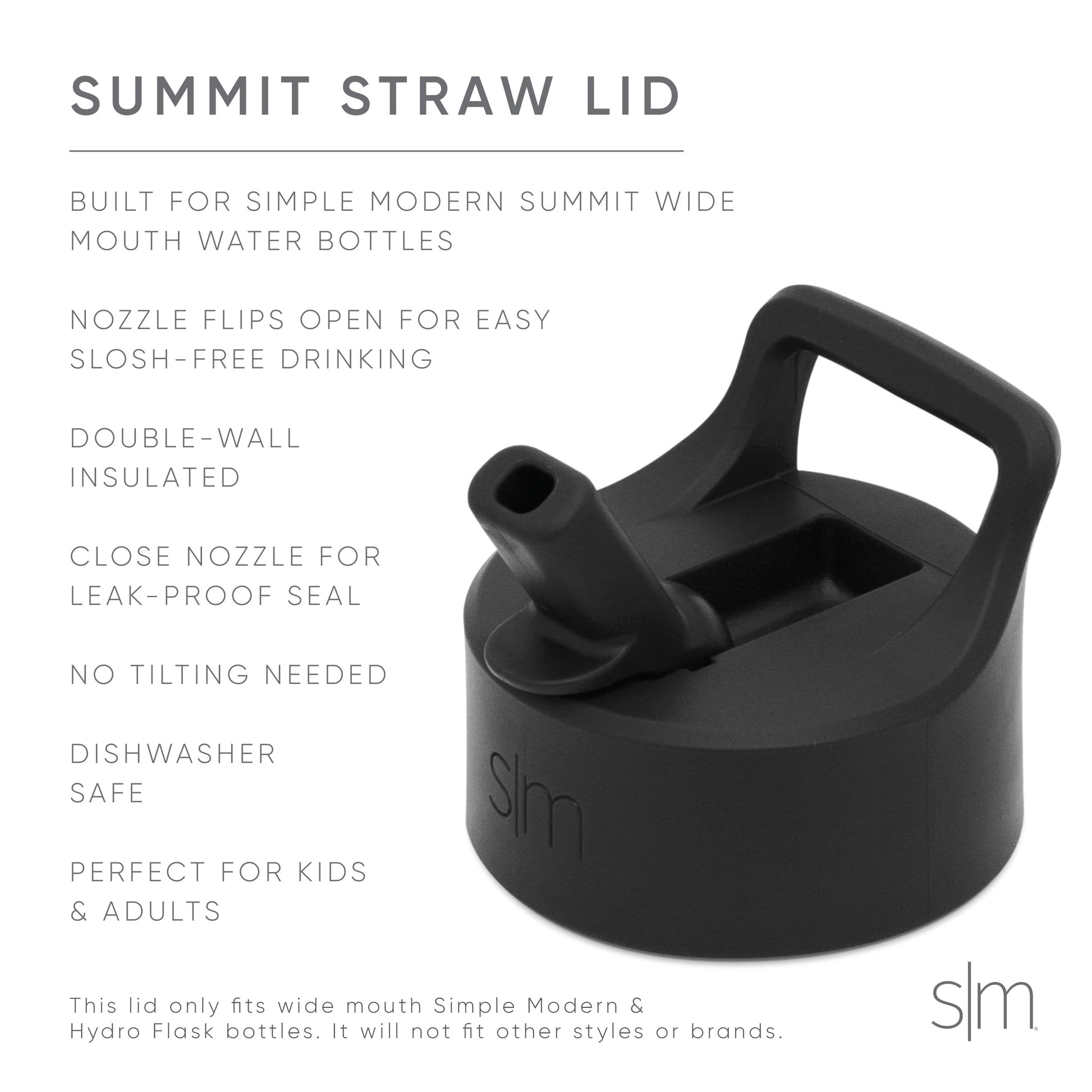 Charcoal black and light gray Summit straw lid with product details displayed on white background