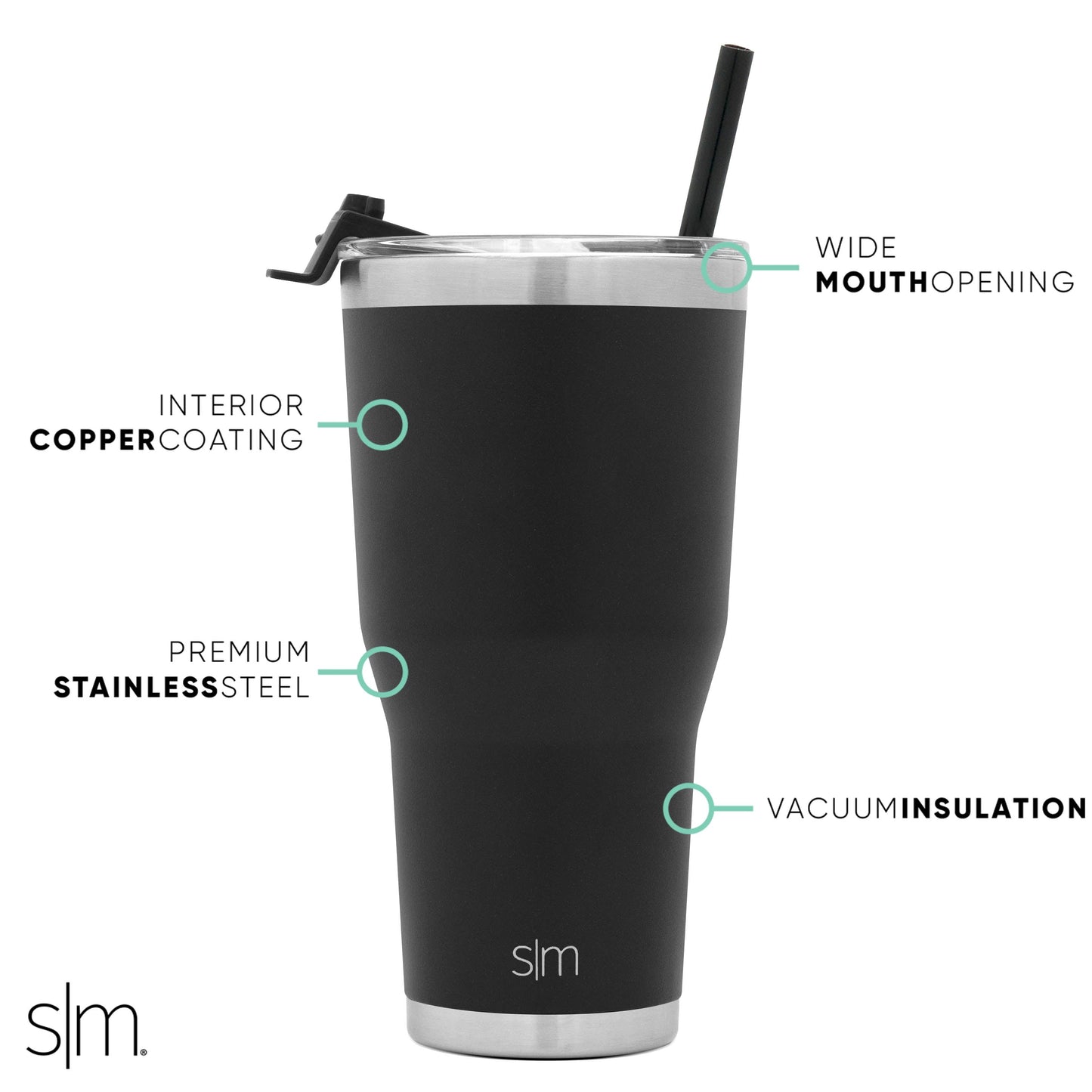 Black matte tumbler with brushed stainless steel lid rim and bottom band on white background.