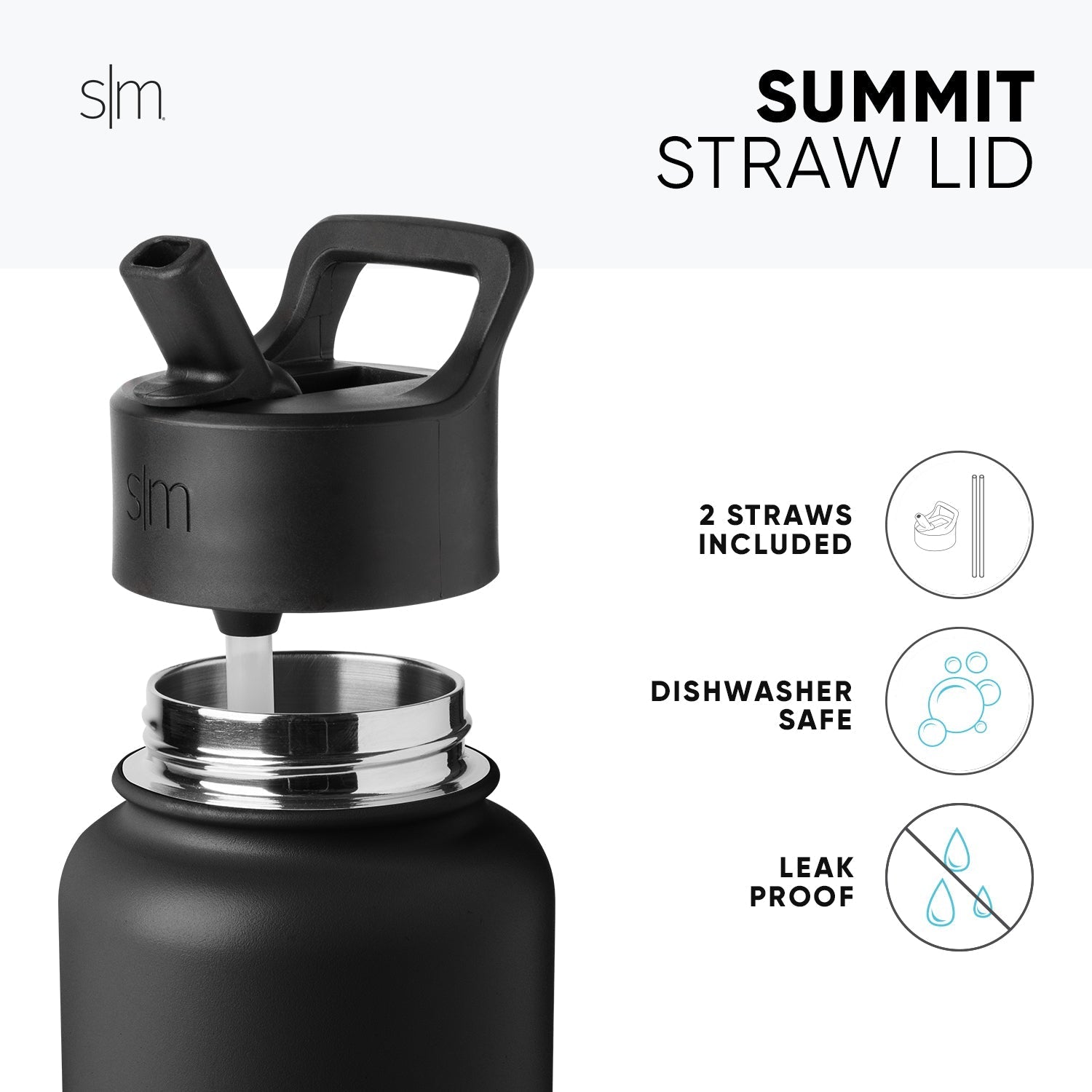 Black and stainless steel water bottle with Summit Straw Lid featuring matte black base and metallic silver accents on the lid.