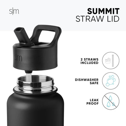 Black and stainless steel water bottle with Summit Straw Lid featuring matte black base and metallic silver accents on the lid.