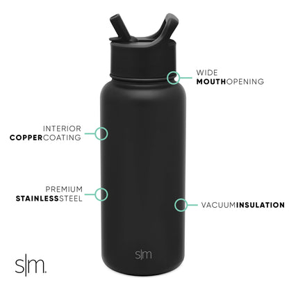 Matte black water bottle with turquoise accents on white background