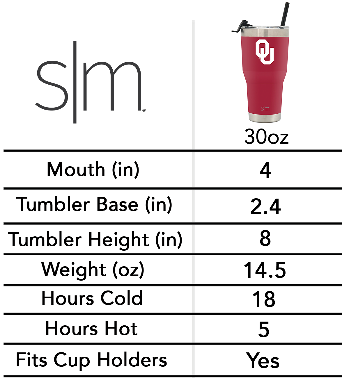 30oz modern tumbler specifications chart showing deep burgundy exterior with dimensions, capacity, and material details on white background with black text and borders.
