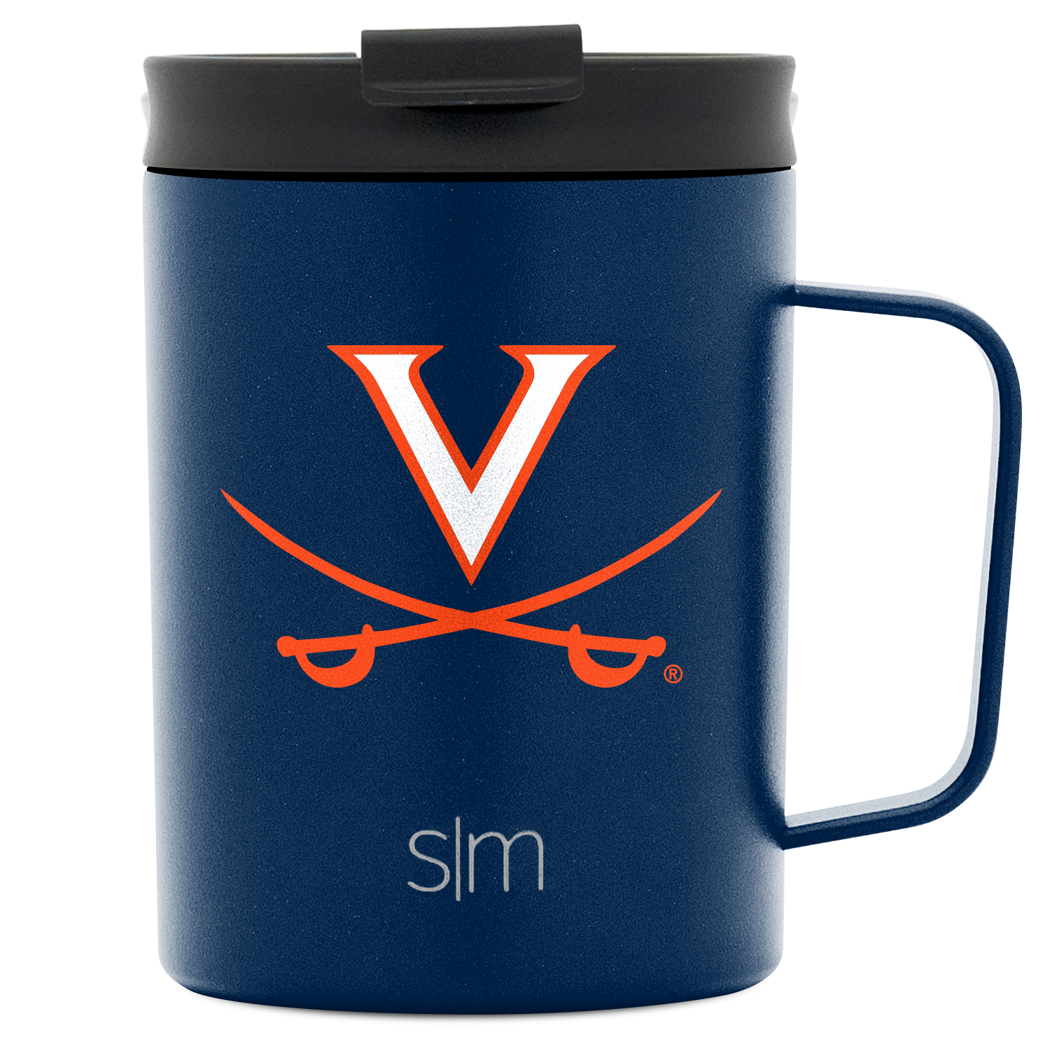 Navy blue mug with charcoal gray lid featuring University of Virginia logo, viewed from front angle