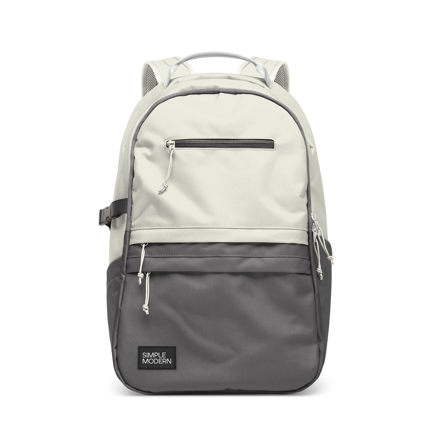 Cream and charcoal gray two-tone backpack with gray accent straps and piping trim along the edges where the colors meet.