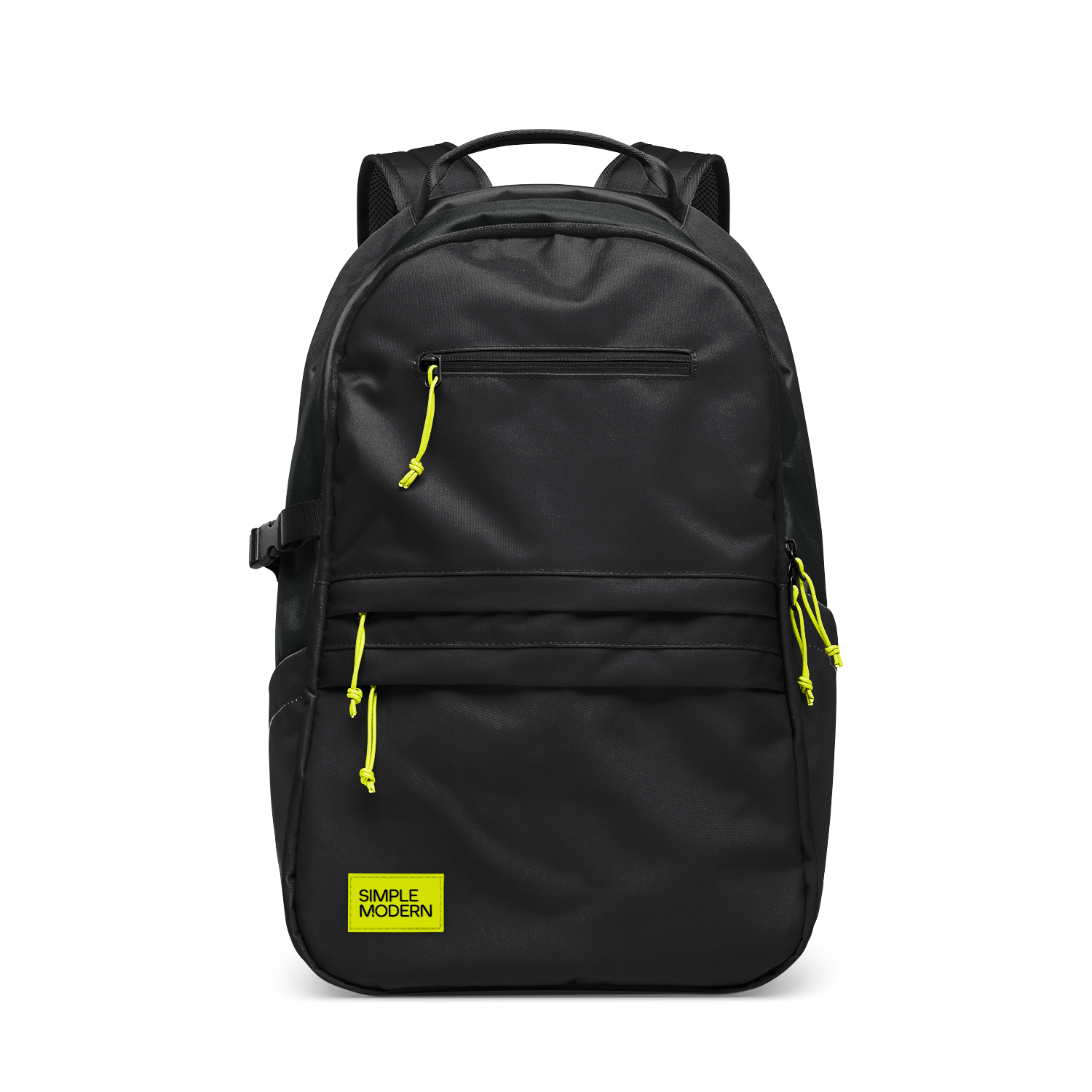 Black backpack with bright yellow-lime accents on zipper pulls, drawstring handles, and branded label patch