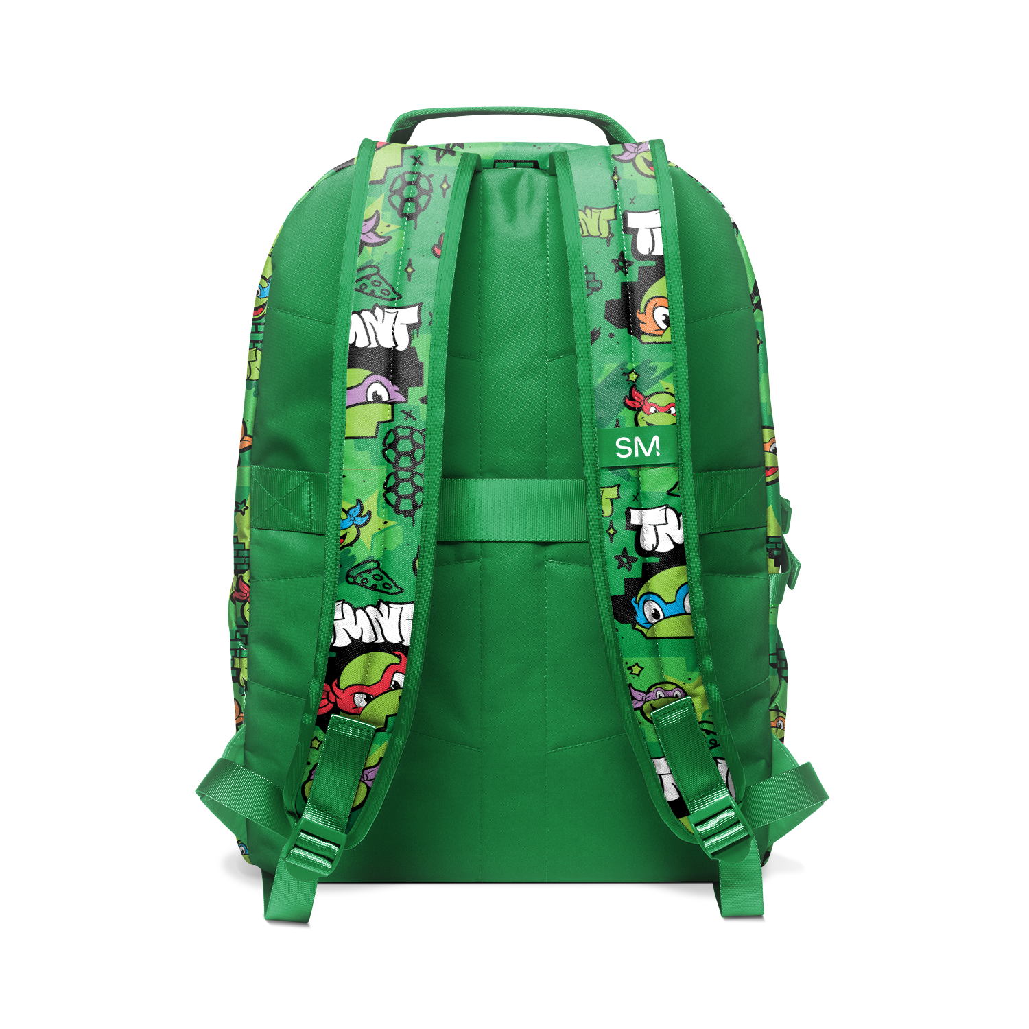 Bright kelly green backpack with colorful allover print on front and side panels, featuring shoulder straps and back panel in matching green.