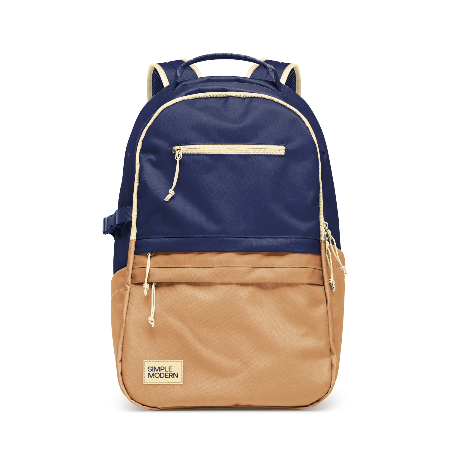 Two-tone backpack with deep navy blue upper portion, warm tan brown lower half, and cream trim accents.