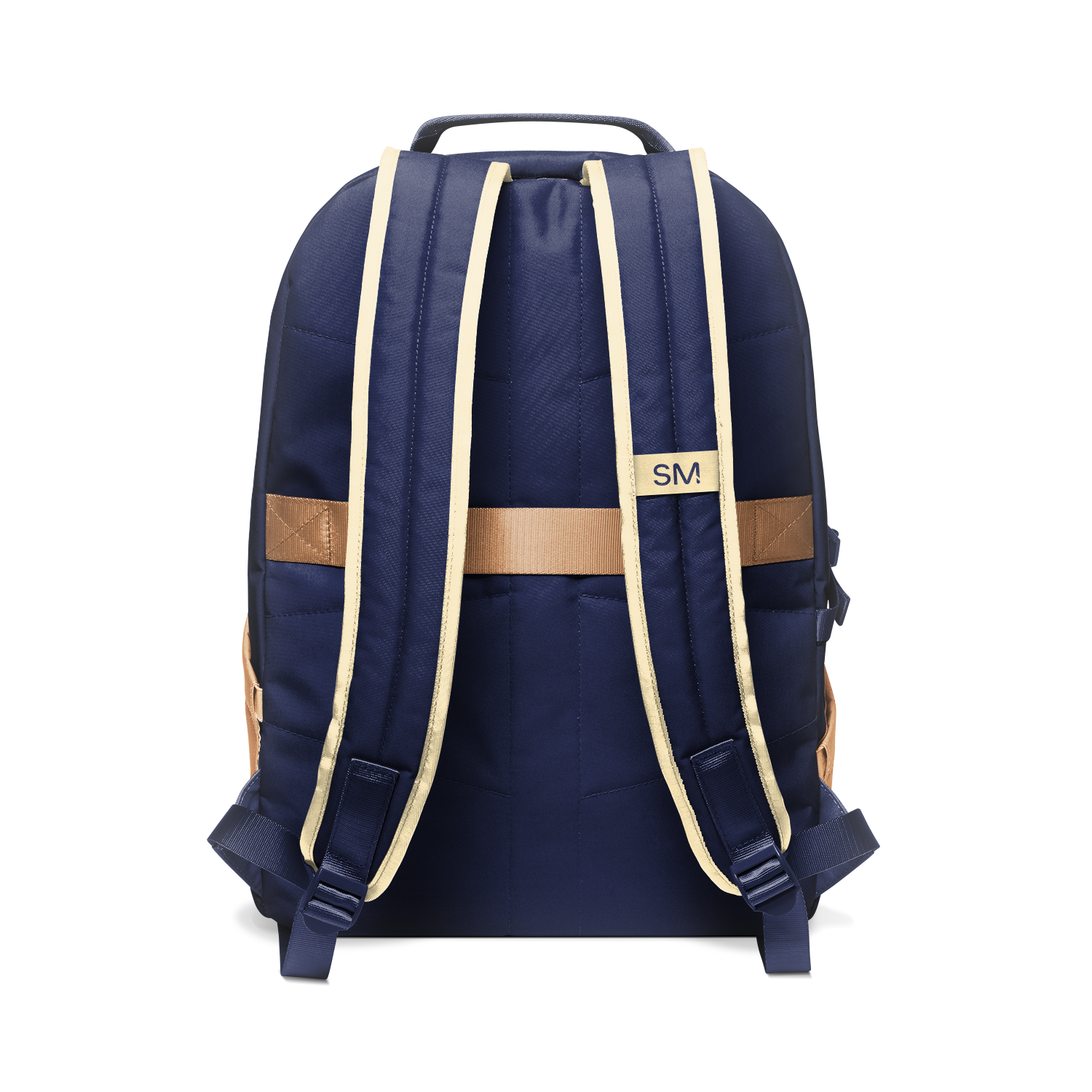Navy blue backpack with tan and cream shoulder straps and handles