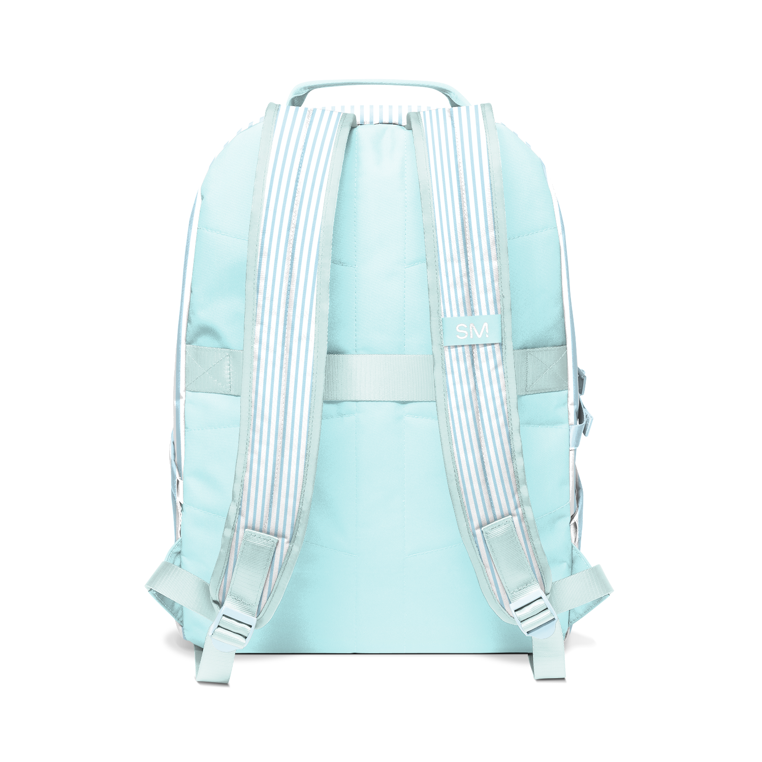 Pale aqua seafoam blue backpack with white shoulder straps featuring subtle blue pinstripes