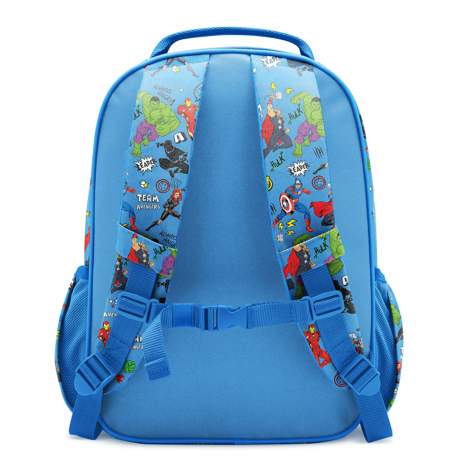 Bright royal blue Marvel superhero backpack with padded shoulder straps featuring colorful hero graphics and matching sky blue accents.