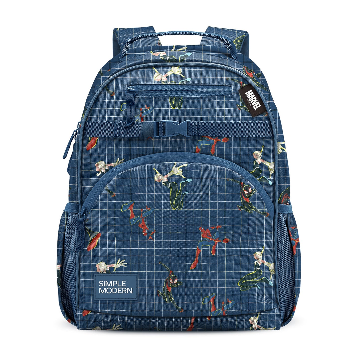 Deep blue grid backpack with Marvel superhero characters in red and cream, featuring padded straps, front pocket, zippered compartment, mesh pockets, and Simple Modern branding label.