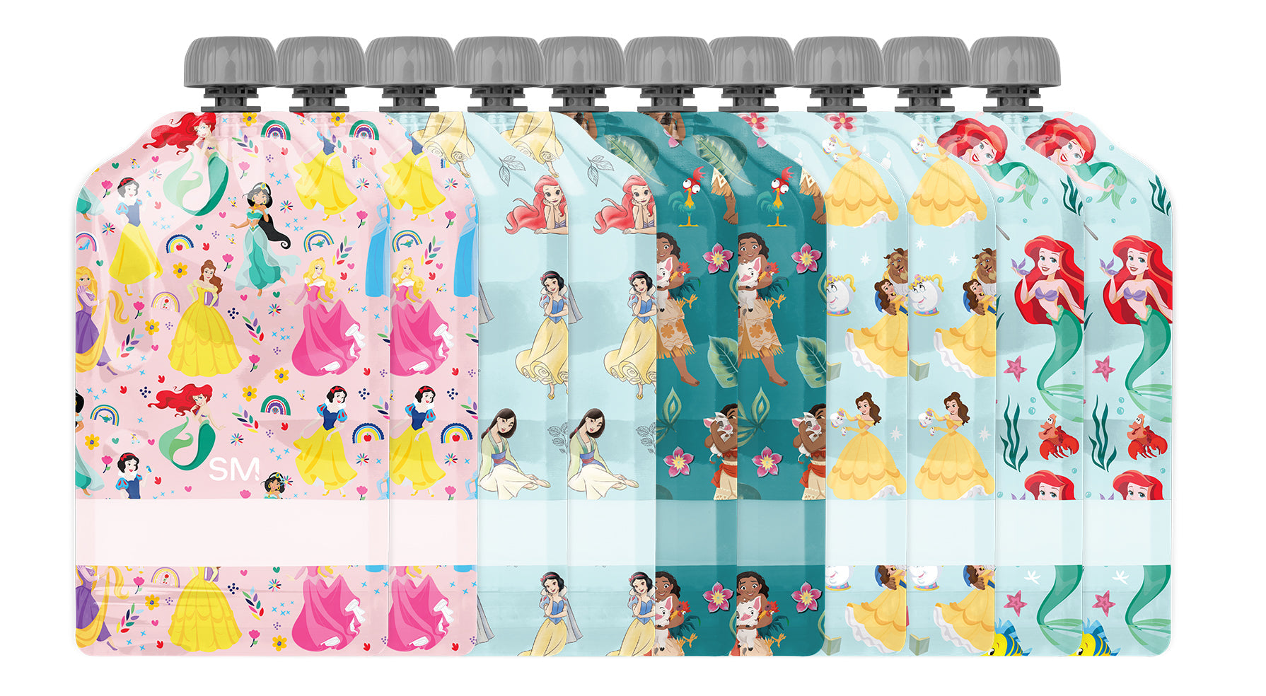 Assorted colorful children's bottles with soft pastel and bright accent colors, featuring pink backgrounds with yellow, magenta, and teal elements.