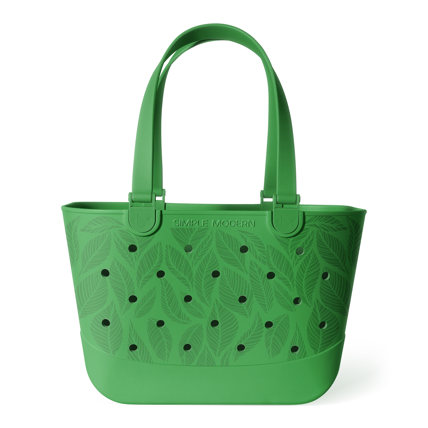 Green bucket tote bag with tropical leaf pattern and perforated details, featuring sturdy handles and "Simple Modern" branding on white background.