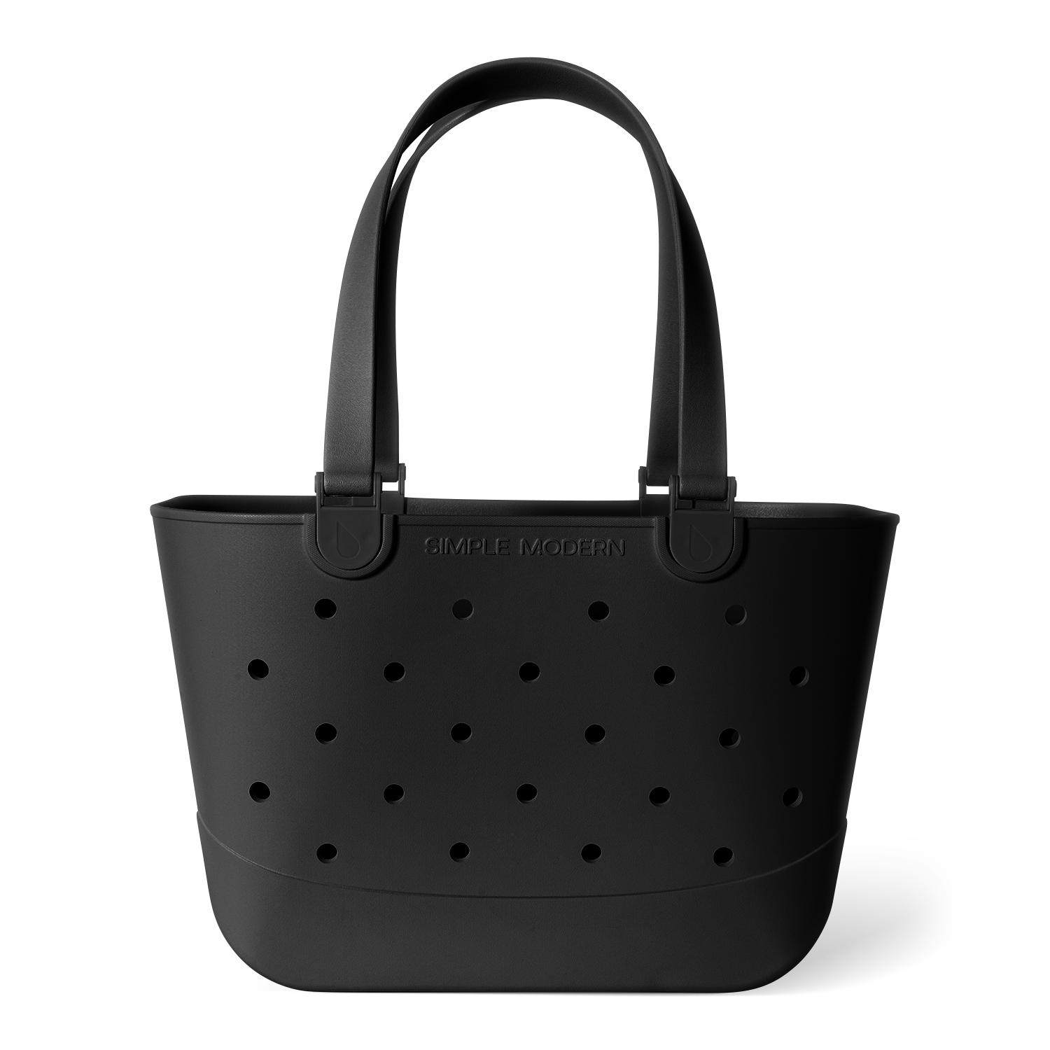 Matte black tote bag with perforated grid pattern and curved handles on white background. Features "Simple Modern" branding embossed on front. Studio product photography.