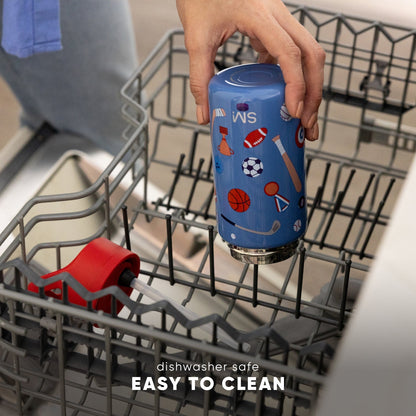 Blue insulated kids water bottle with sports graphics held inside an open dishwasher, displaying "dishwasher safe" and "easy to clean" text at bottom.