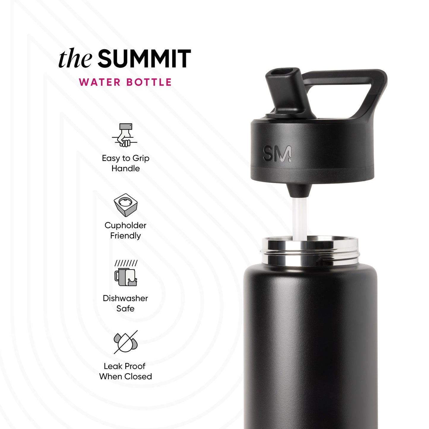 Black matte Simple Modern Summit water bottle with silver lid band and removable spout, displayed with separated components. Four icons highlight features: easy grip handle, cupholder friendly, dishwasher safe, and leak