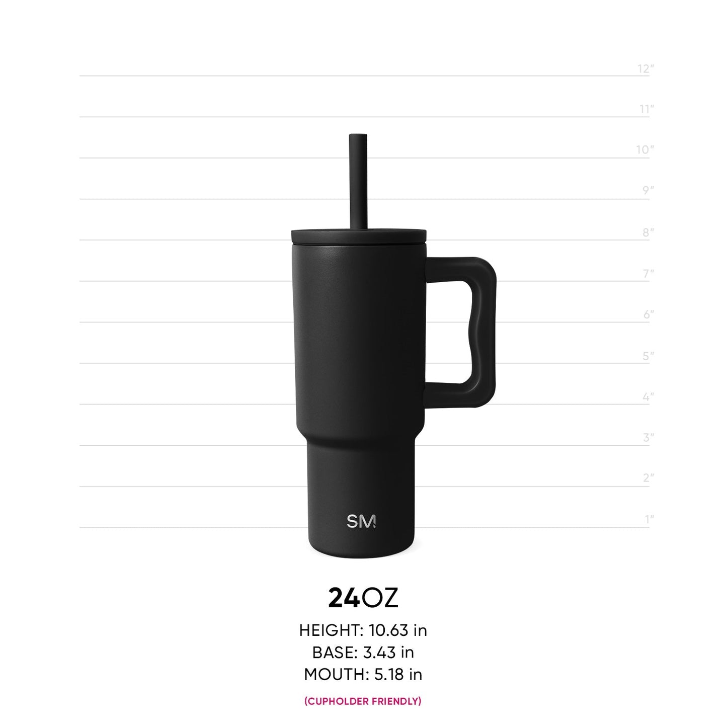 Black 24oz Kids Trek insulated tumbler with handle and straw shown with measurement ruler. Height 10.63in, base 3.43in, mouth 5.18in. Cupholder friendly.