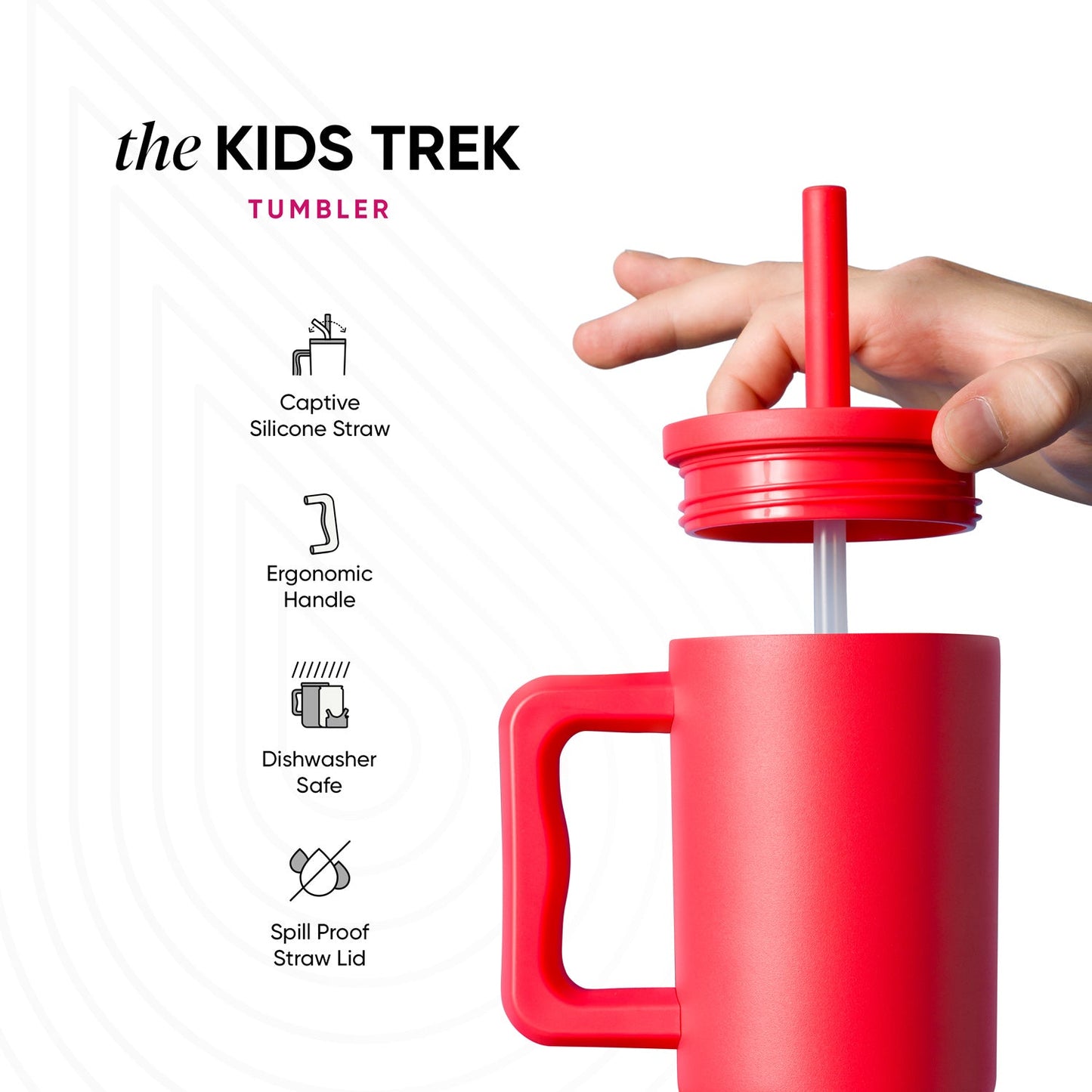 Bright coral-red Kids Trek tumbler by Simple Modern held by a child's hand, showing features: captive silicone straw, ergonomic handle, dishwasher safe, and spill-proof lid. White background with product icons.