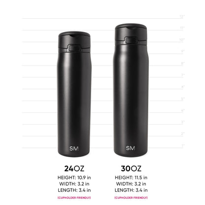 Two Simple Modern insulated water bottles in charcoal black shown side-by-side for size comparison. Left: 24OZ bottle. Right: 30OZ bottle. Both feature identical design with push-button caps and SM logo. Measurement scale