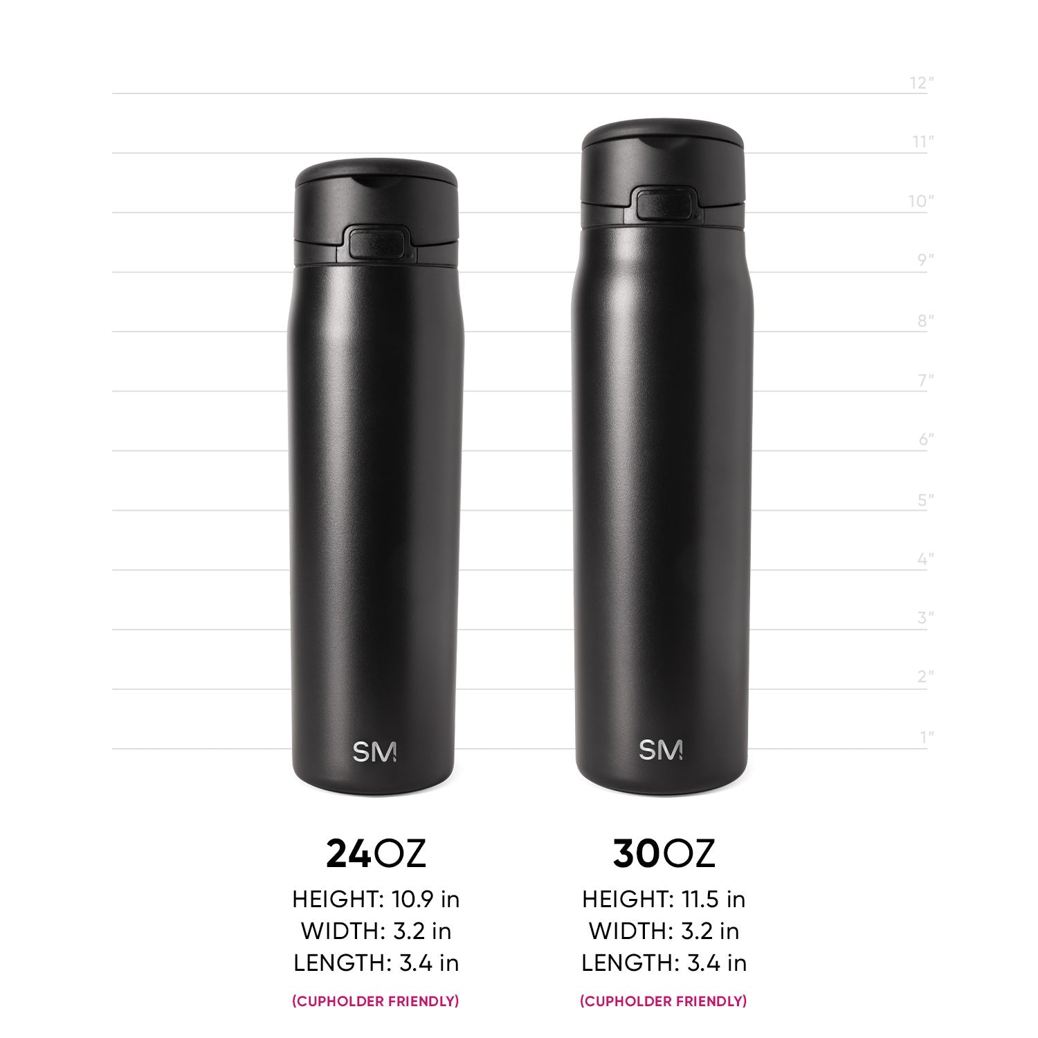 Two black insulated water bottles side by side with measurement scale. 24oz bottle (10.9" H) on left, 30oz bottle (11.5" H) on right. Both cupholder friendly with Simple Modern logo and black lids.