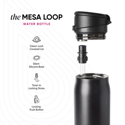 Black Mesa Loop water bottle by Simple Modern with assembled and disassembled views showing straw mechanism, lid, and four feature icons: Clean-Lock Covered Lid, Silent Silicone Base, Twist-In Locking Straw, and Locking Push