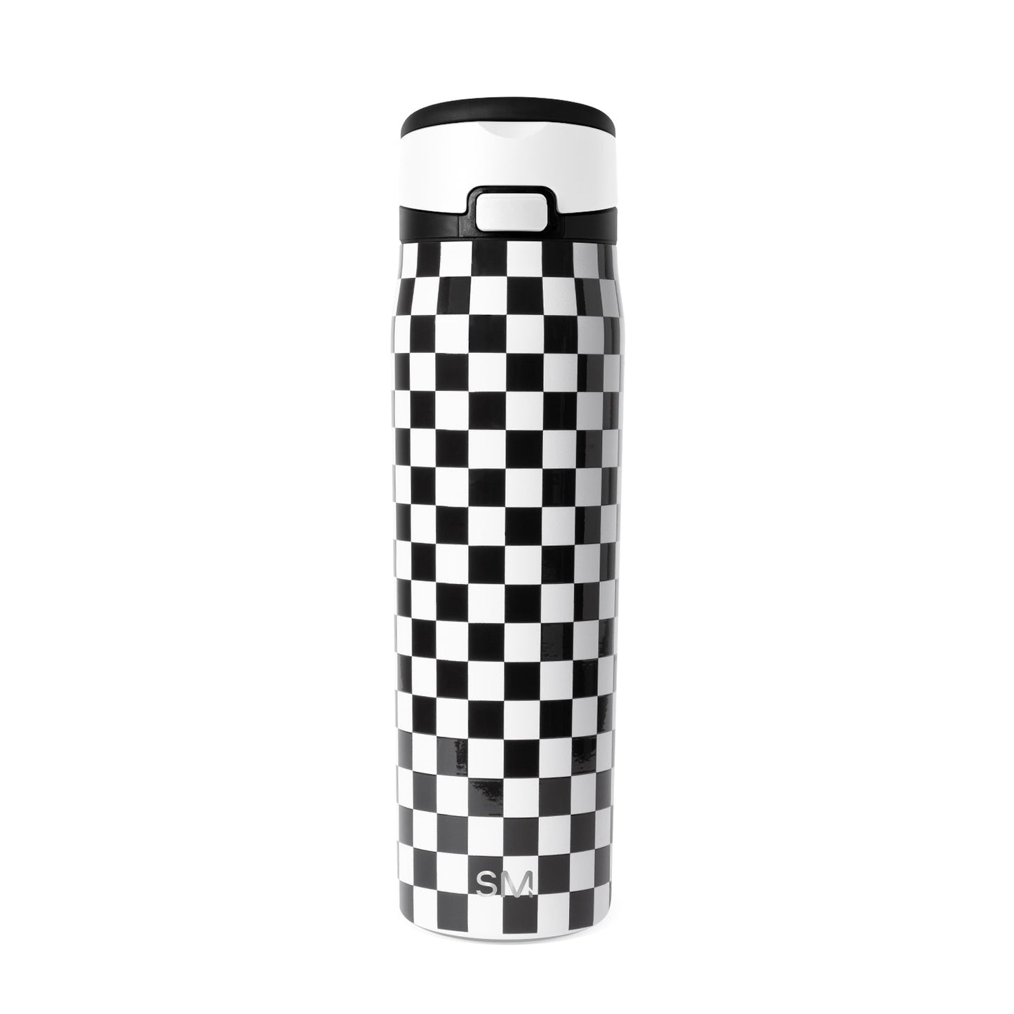 Black and white checkerboard insulated water bottle with black lid and carrying handle. Simple Modern logo on lower section. Studio product photo on white background.