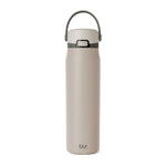 Beige insulated water bottle with charcoal gray and dark sage green hardware accents