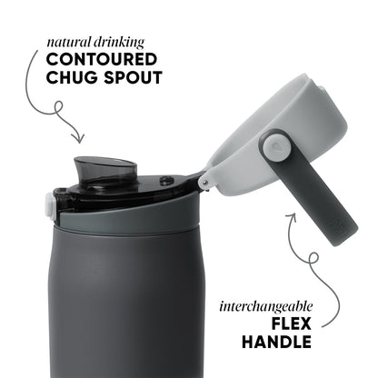 Dark gray matte canister with medium gray body, black lid mechanism and spout, translucent dark accents, monochromatic charcoal design