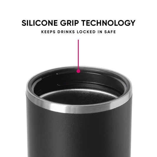 Charcoal gray Ranger can cooler with brushed stainless steel band and hot pink silicone grip technology accent, shown against white background. Double-wall insulated design.