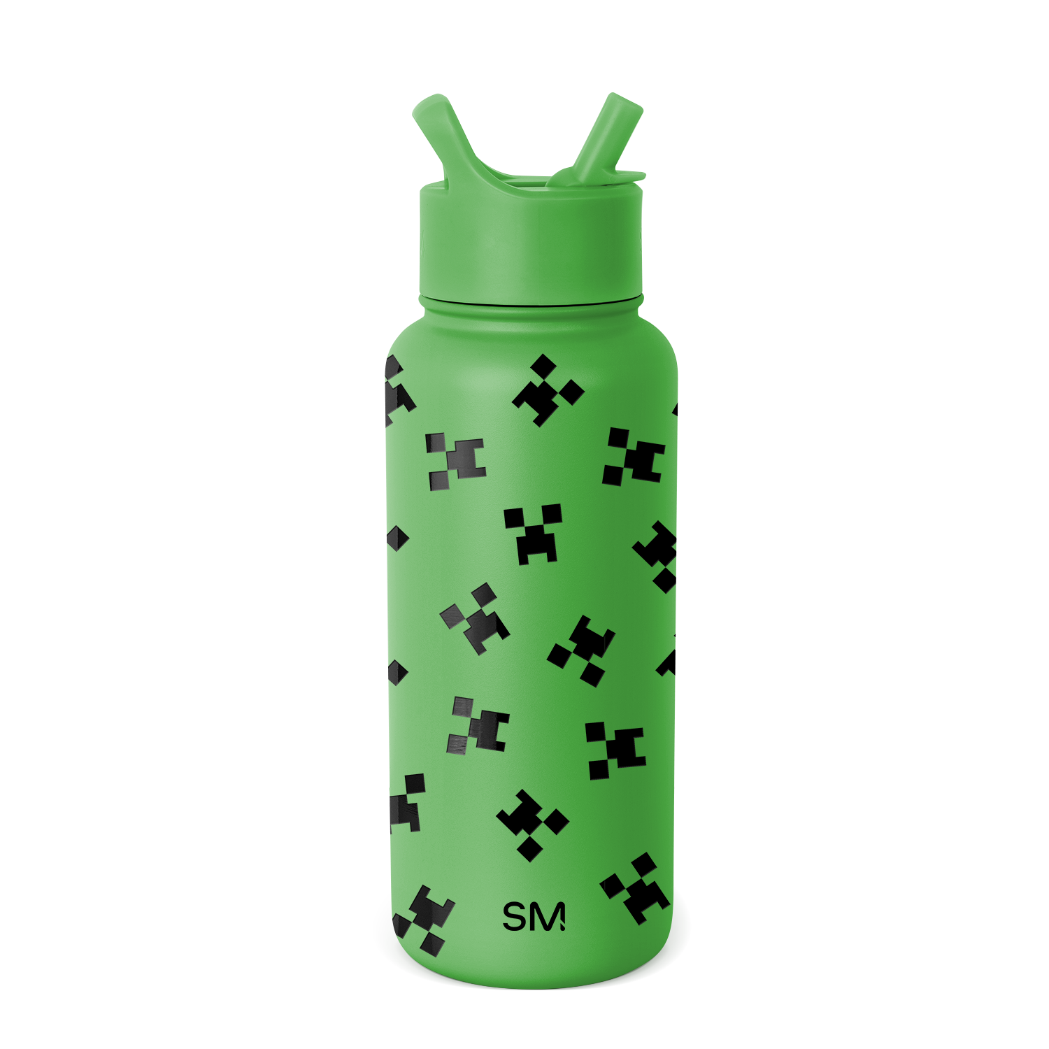 Bright lime green water bottle with black and dark gray pixelated patterns scattered across the surface