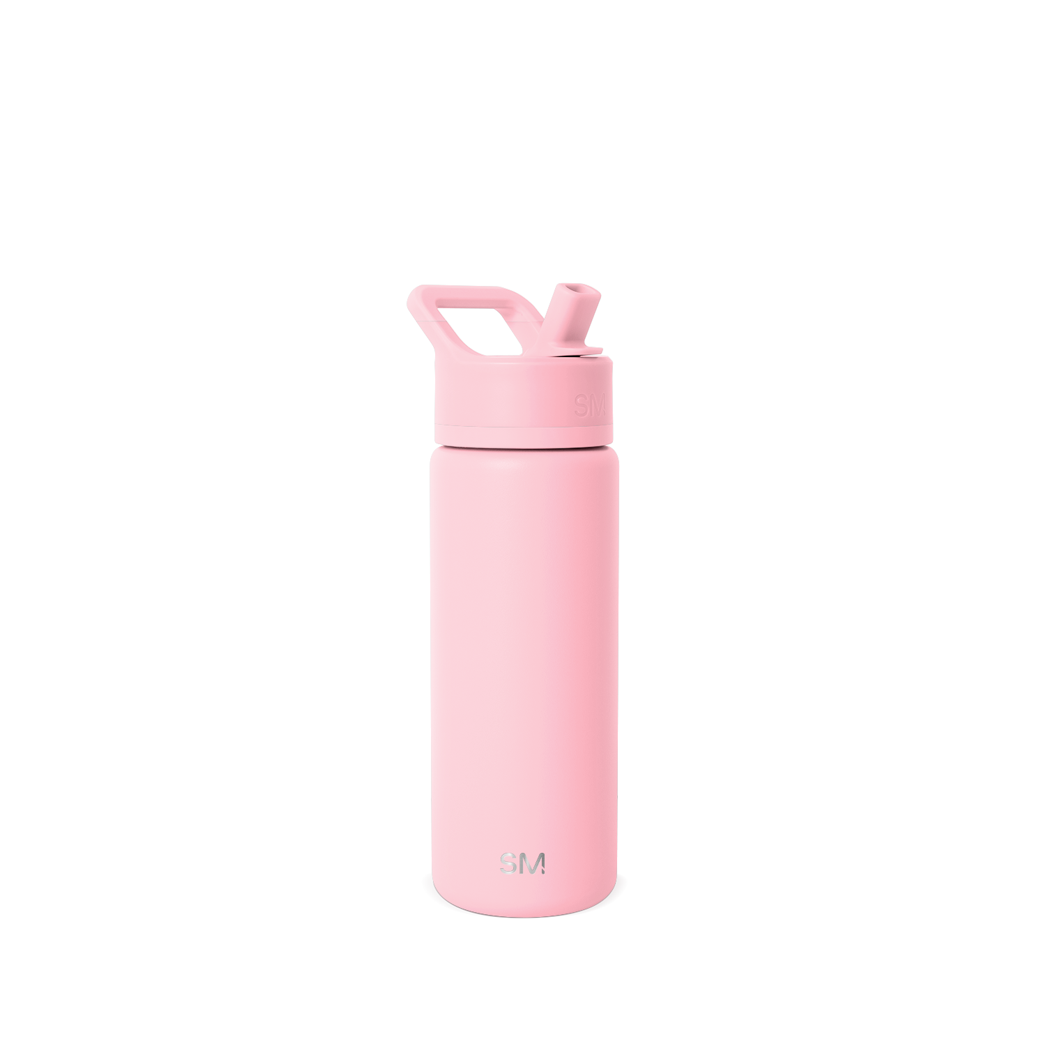 Soft pastel pink water bottle against a light gray background