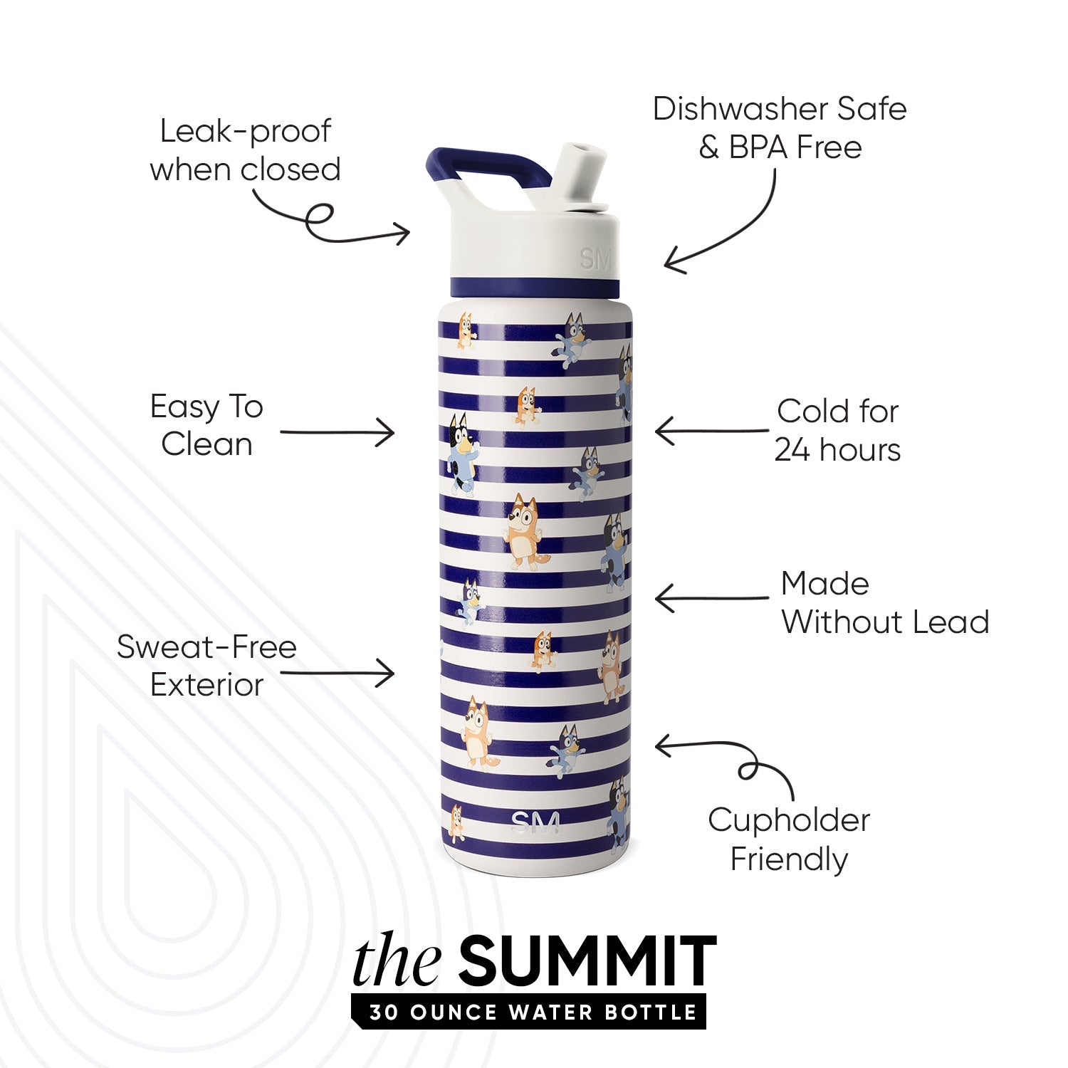 Navy and white striped 30-ounce water bottle with cartoon dog characters, navy cap and handle. Features callouts: leak-proof, dishwasher safe, keeps drinks cold 24 hours, sweat-free exterior, cupholder friendly.
