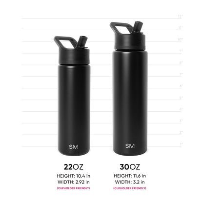 Two Simple Modern insulated water bottles in matte black displayed side-by-side with measurement scale. Left: 22oz, 10.4"H x 2.92"W. Right: 30oz, 11.6"H x 3.2"W. Both cupholder friendly with flip-cap spouts and SM logo.