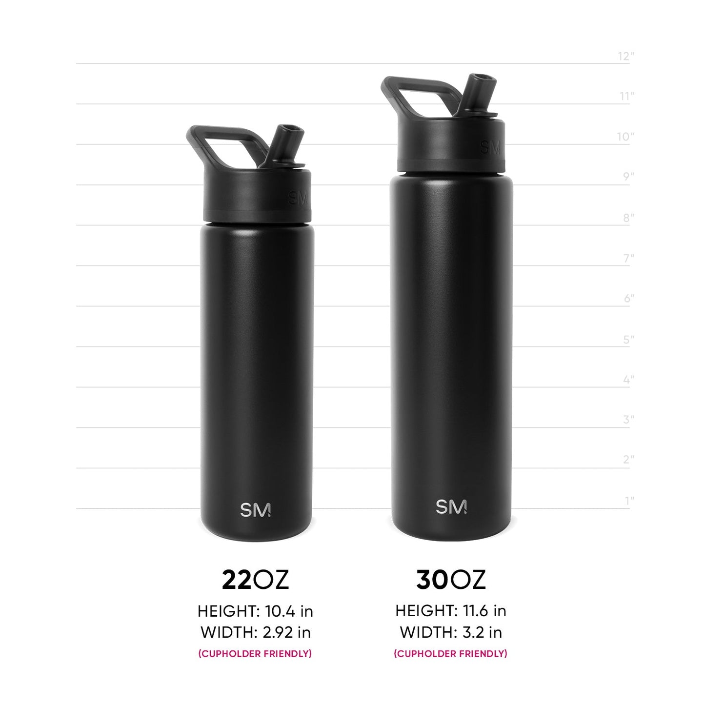 Two matte black insulated water bottles side by side with measurement grid. Left: 22OZ bottle, 10.4" height x 2.92" width. Right: 30OZ bottle, 11.6" height x 3.2" width. Both feature flip-top caps and SM logo. Cupholder