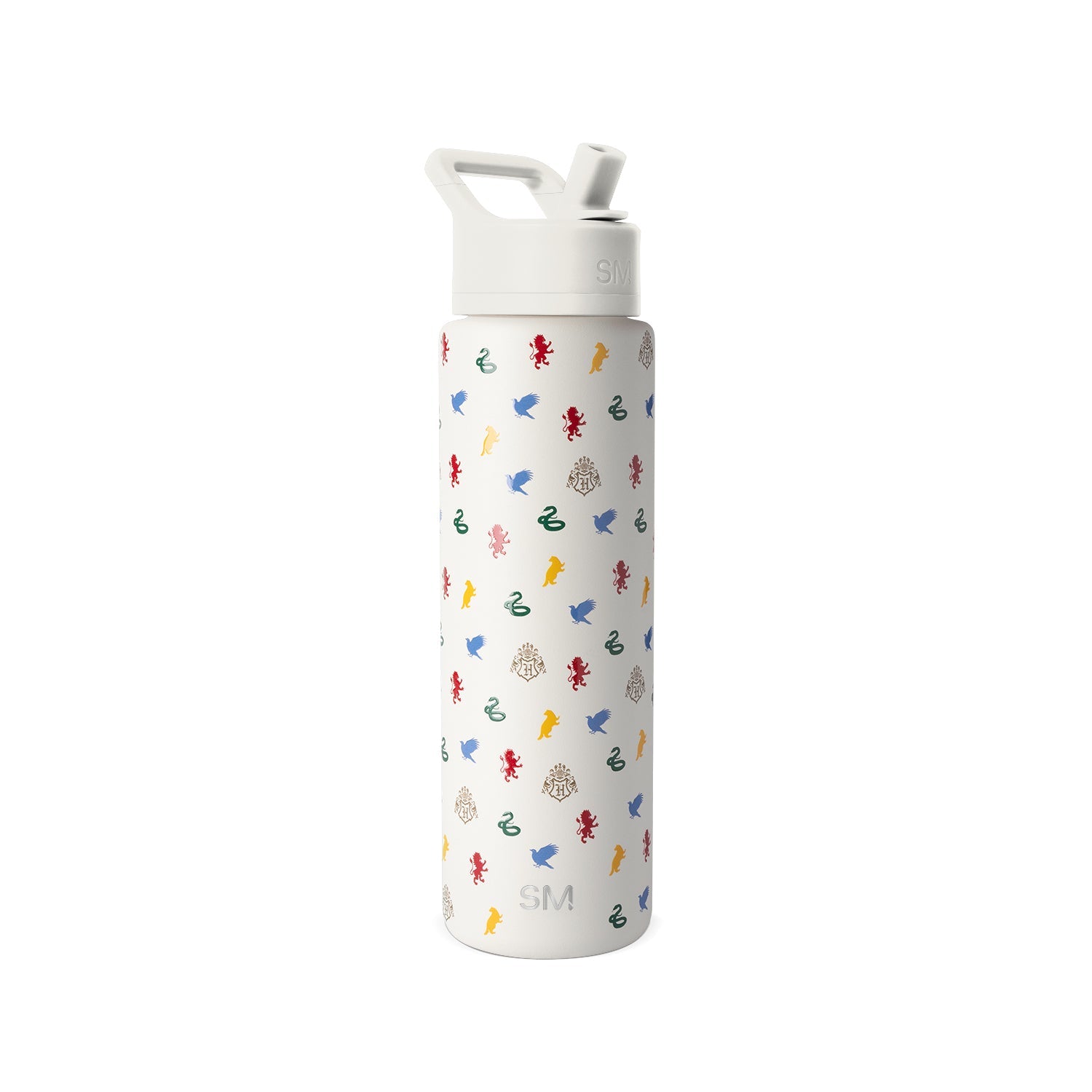 Simple Modern white insulated water bottle with multicolored fantasy pattern featuring mythical creatures, flip-top cap with handle, and SM logo branding.