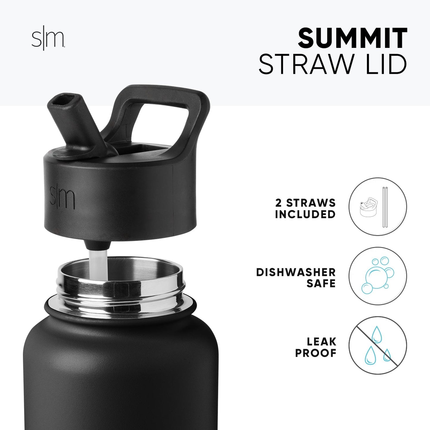 Black reusable straw lid with stainless steel silver accents on light gray background