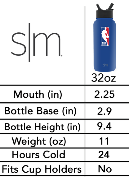 Royal blue Simple Modern water bottle with measurement markings displayed against a white background with black text labels