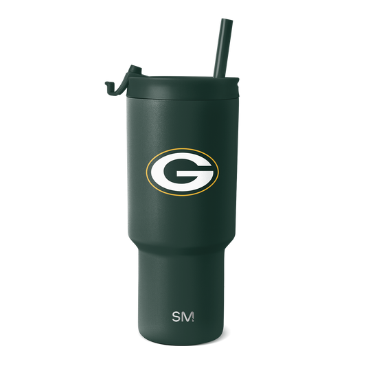 Forest green matte finish tumbler with matching lid, cylindrical design with white accents