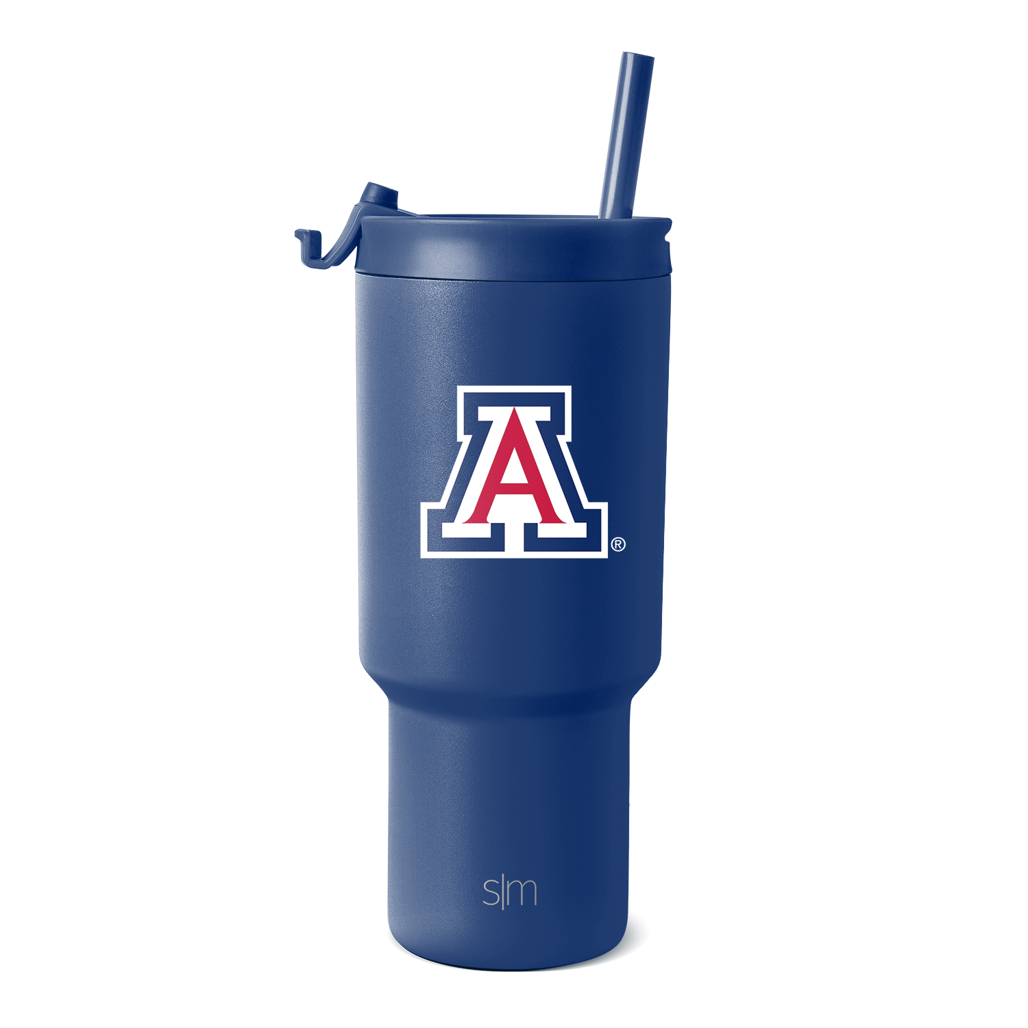Navy blue tumbler with matching straw and University of Arizona logo in white and red accents