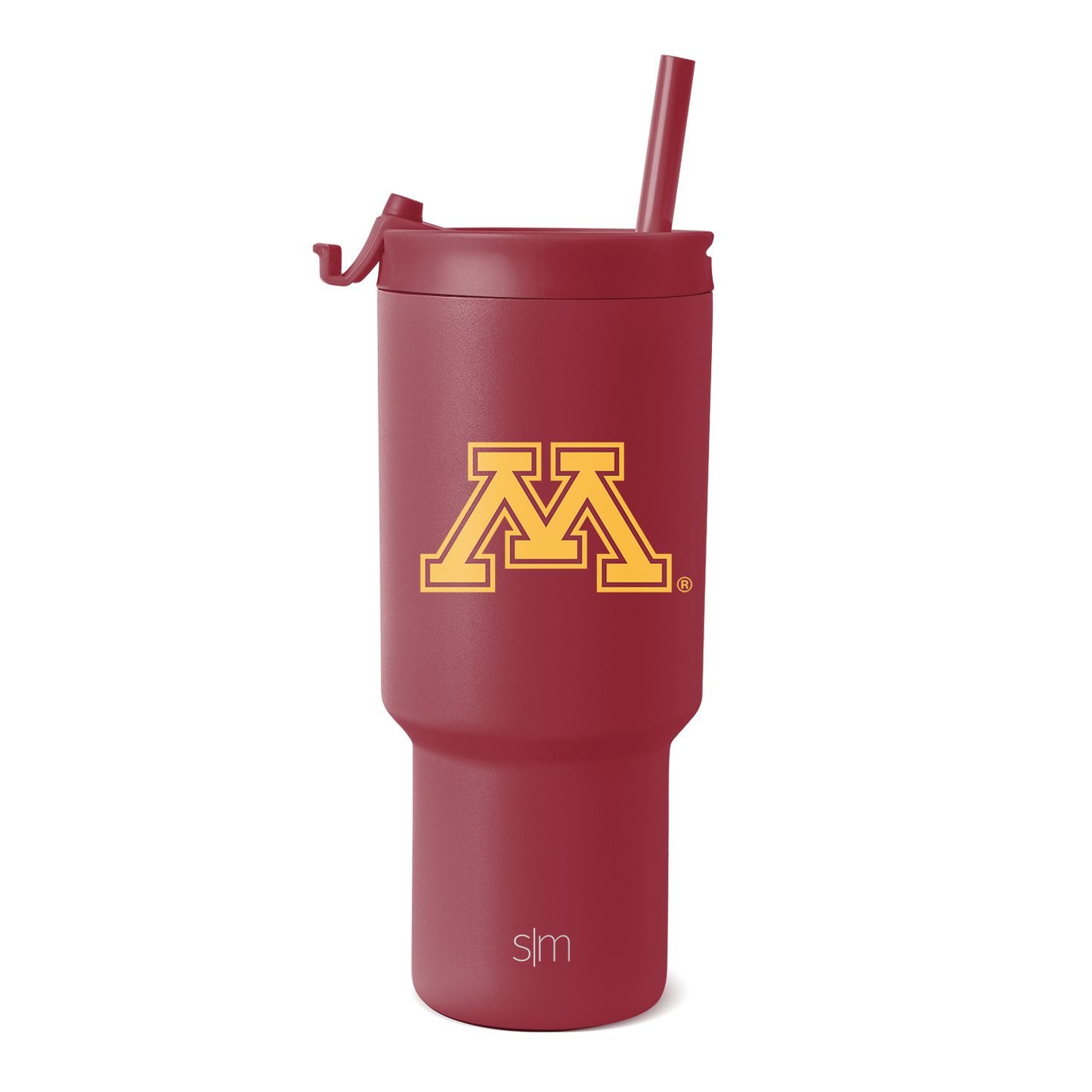 Deep maroon tumbler with matching lid and straw, featuring University of Minnesota logo