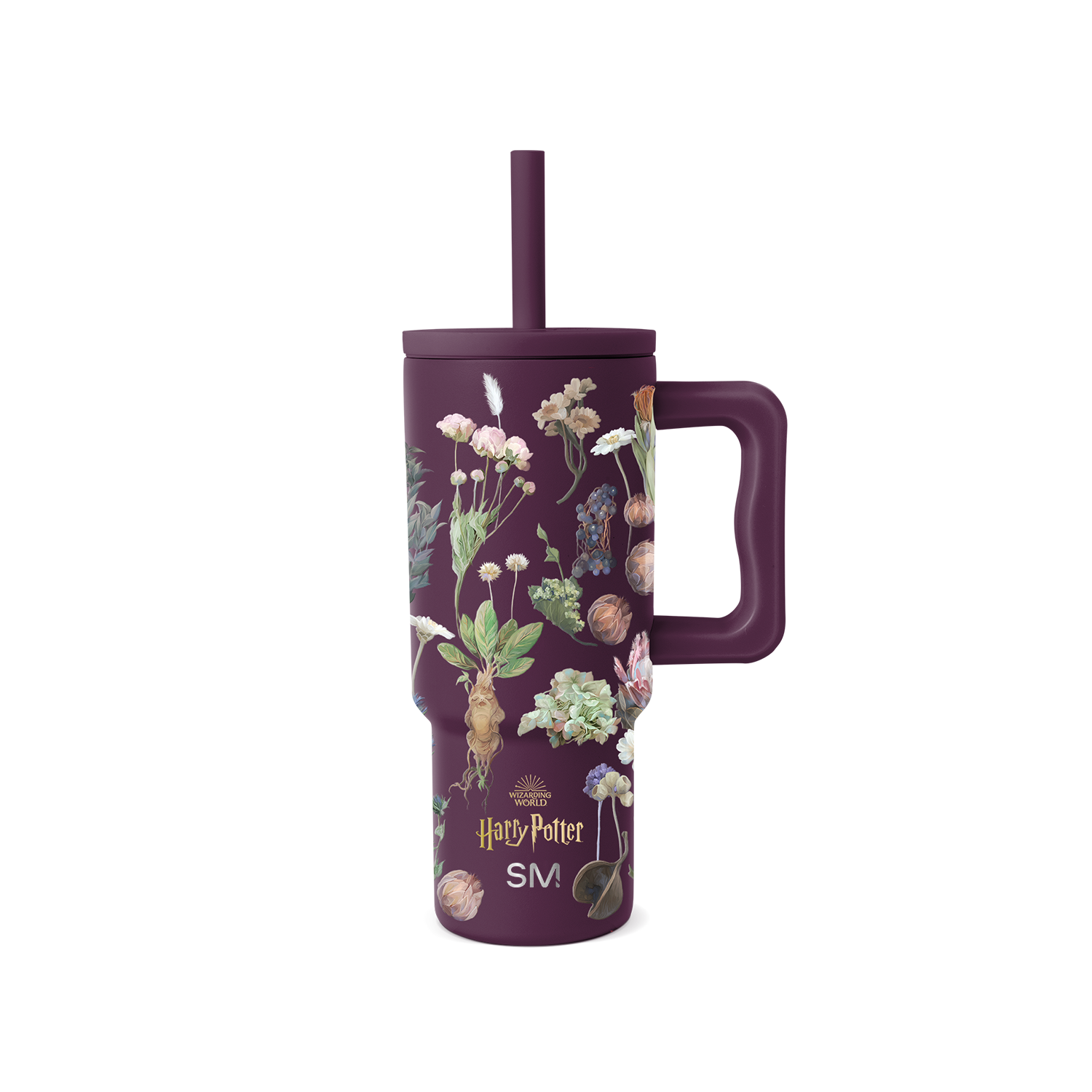 Deep burgundy tumbler with soft botanical illustrations in natural colors