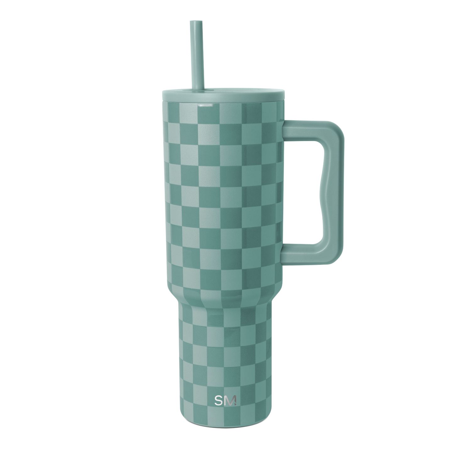 Soft teal and sage green checkerboard pattern tumbler with alternating darker teal and lighter mint squares.
