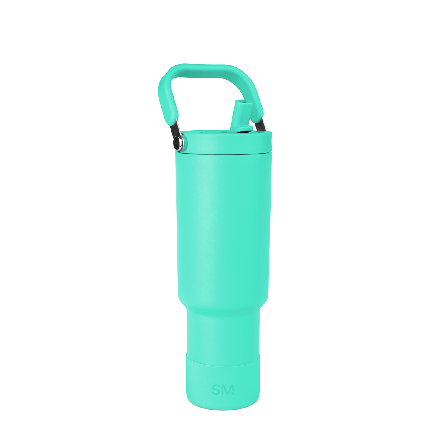 Turquoise insulated water bottle with cylindrical body and matching cap on white background