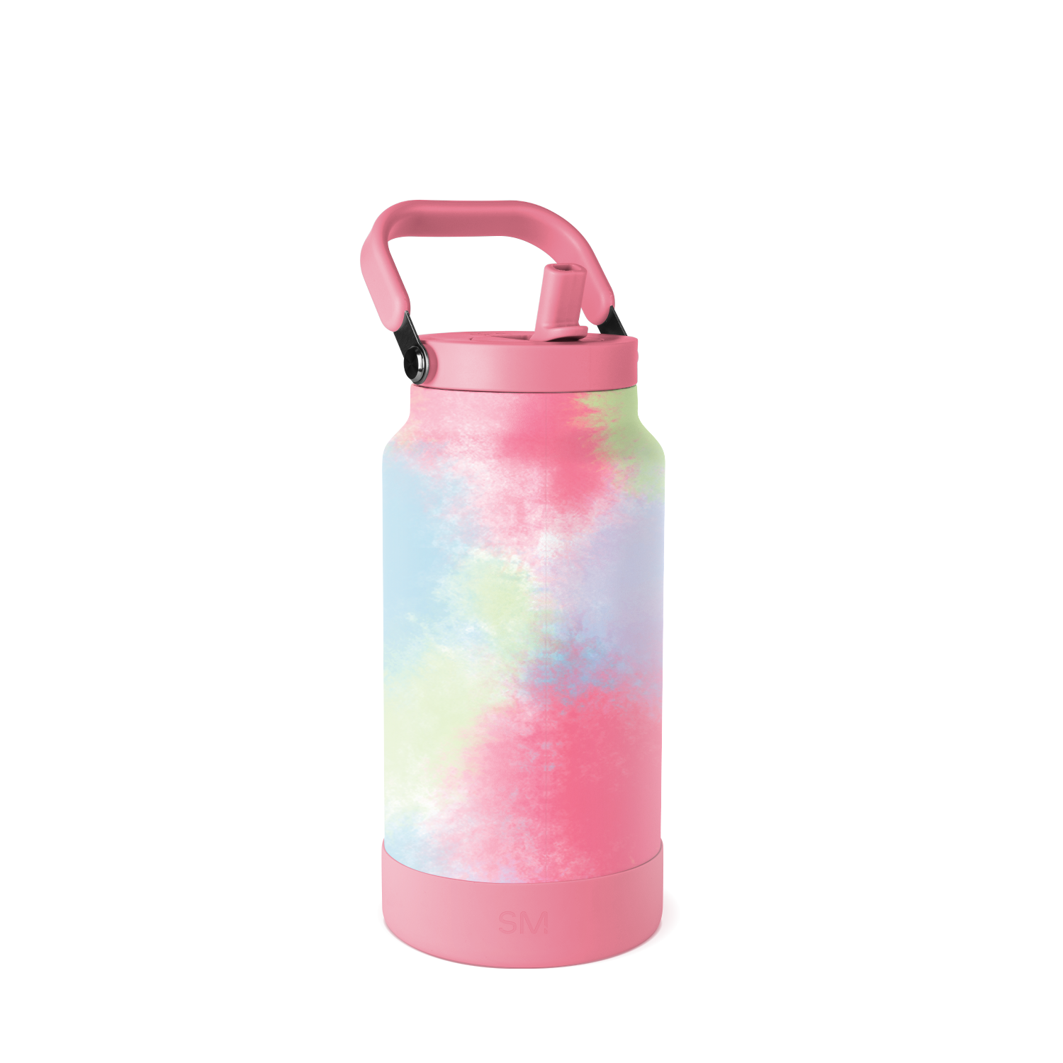 Pastel tie-dye insulated water bottle with soft pink, yellow, blue, and lavender pattern on white background