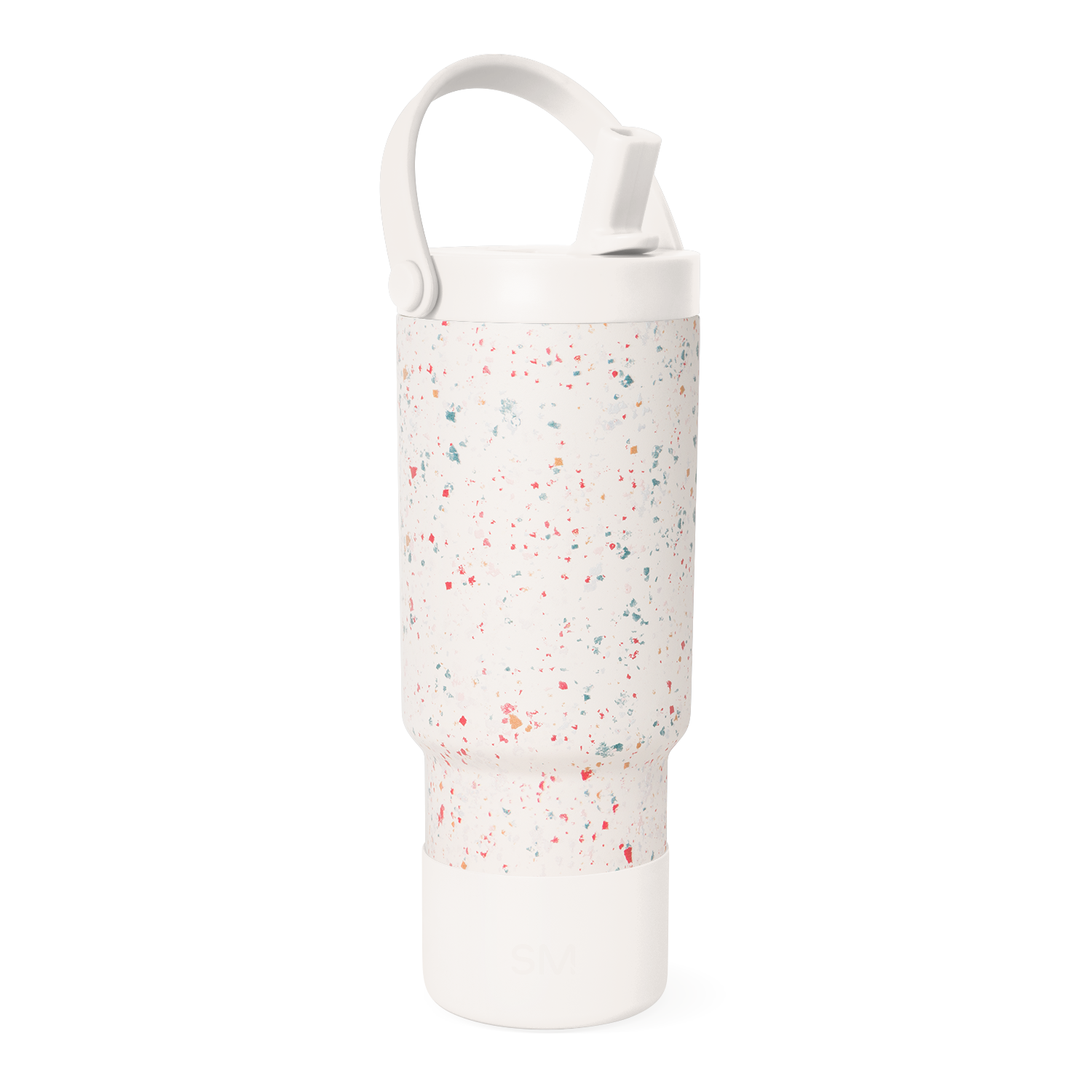 Cream-colored water bottle with multicolored speckled pattern including coral red, pink, teal, sage green, and muted orange accents.