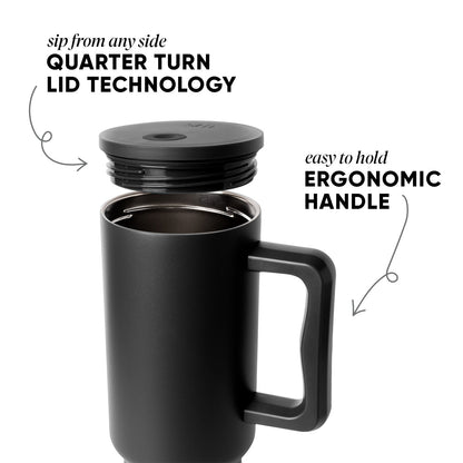Black insulated tumbler with handle shown in three-quarter view against white background. Detached lid above demonstrates quarter-turn mechanism. Text callouts highlight "Quarter Turn Lid Technology" and "Ergonomic Handle"