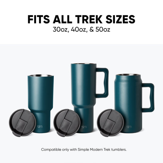 Three insulated tumblers in teal and black with matching lids, displaying SM branding, arranged on a teal and black background.